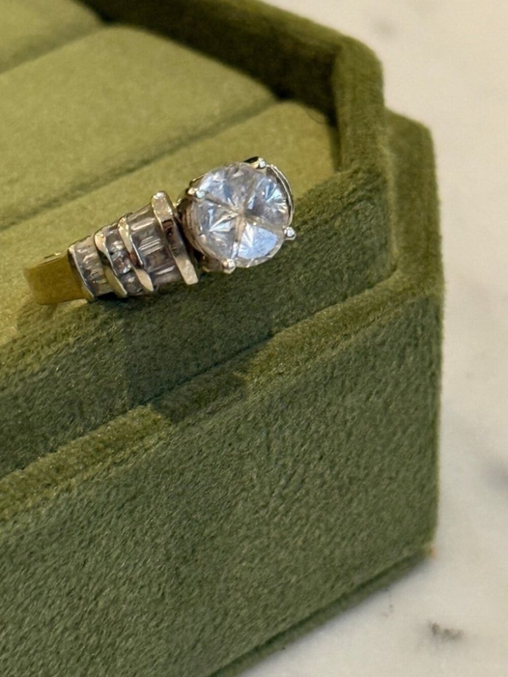 14k GOLD & DIAMOND Cushion Ring with Baguette Shoulders, Circa 1990s